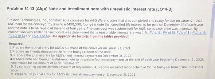  Problem 14-13 (Algo) Note and installment note with unrealistic interest rate