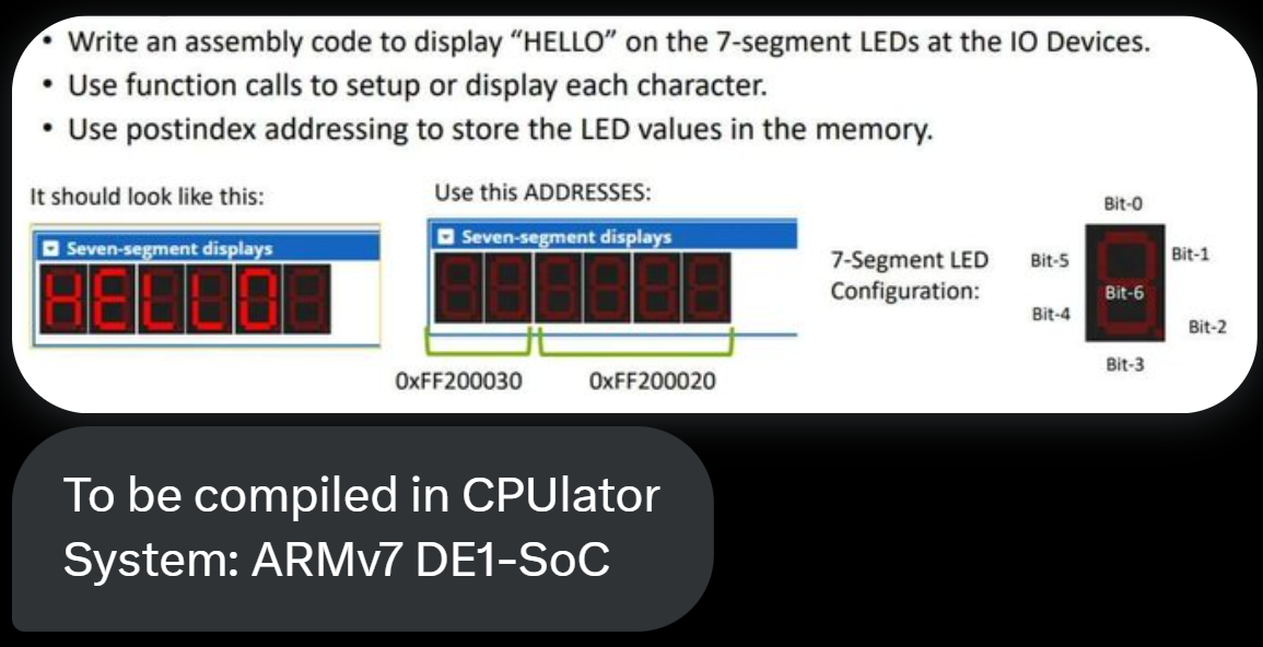  - Write an assembly code to display "HELLO" on the 7-segment