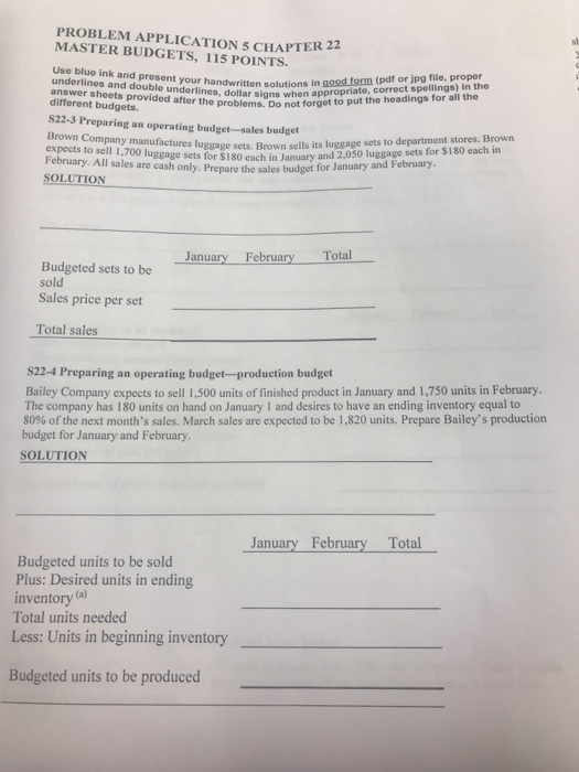  PROBLEM APPLICATION 5 CHAPTER 22 MASTER BUDGETS, 115 POINTS. Use blue