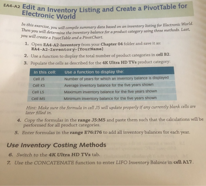  help ! microsoft excel for accounting for EA4-A2 Edit an Electiolnventory