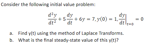  Consider the following initial value problem: d2ydt2+5dydt+6y=7,y(0)=1,dydt|t=0=0 a. Find y(t) using