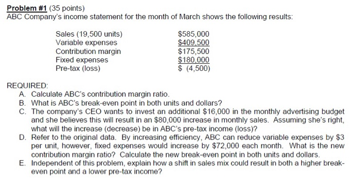 Problem #1 (35 points) ABC Company's income statement for the month