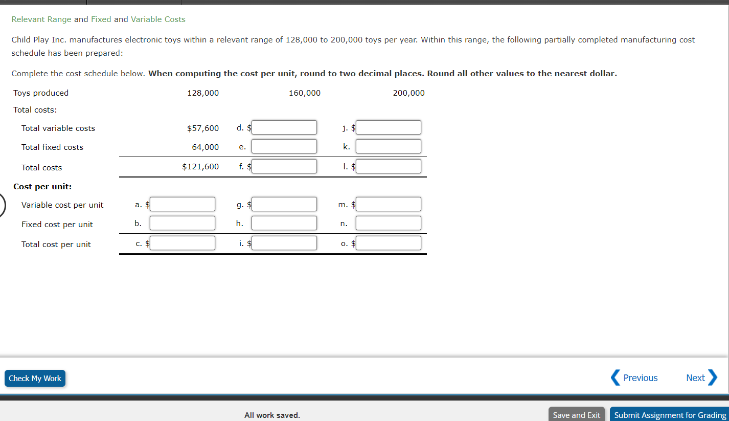 Relevant Range and Fixed and Variable Costs Child Play Inc. manufactures
