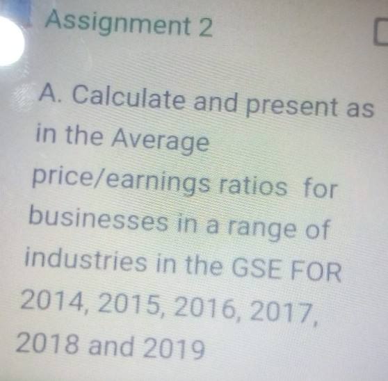Assignment 2 A. Calculate and present as in the Average price/earnings