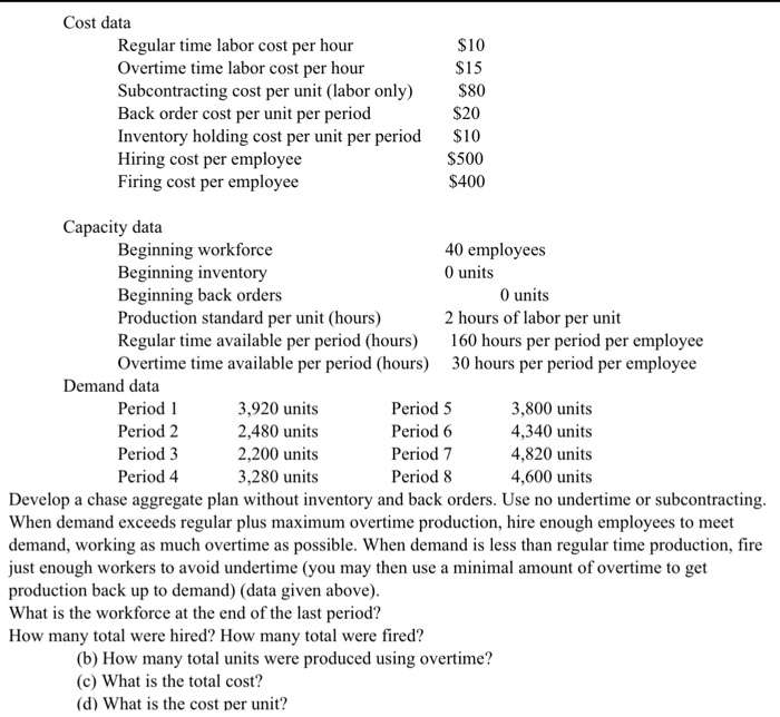  Cost data $10 Regular time labor cost per hour Overtime time