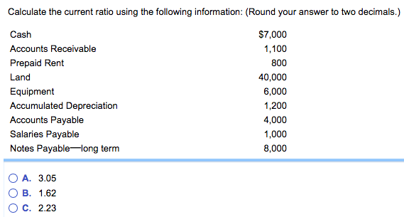 Calculate the current ratio using the following information: (Round your answer