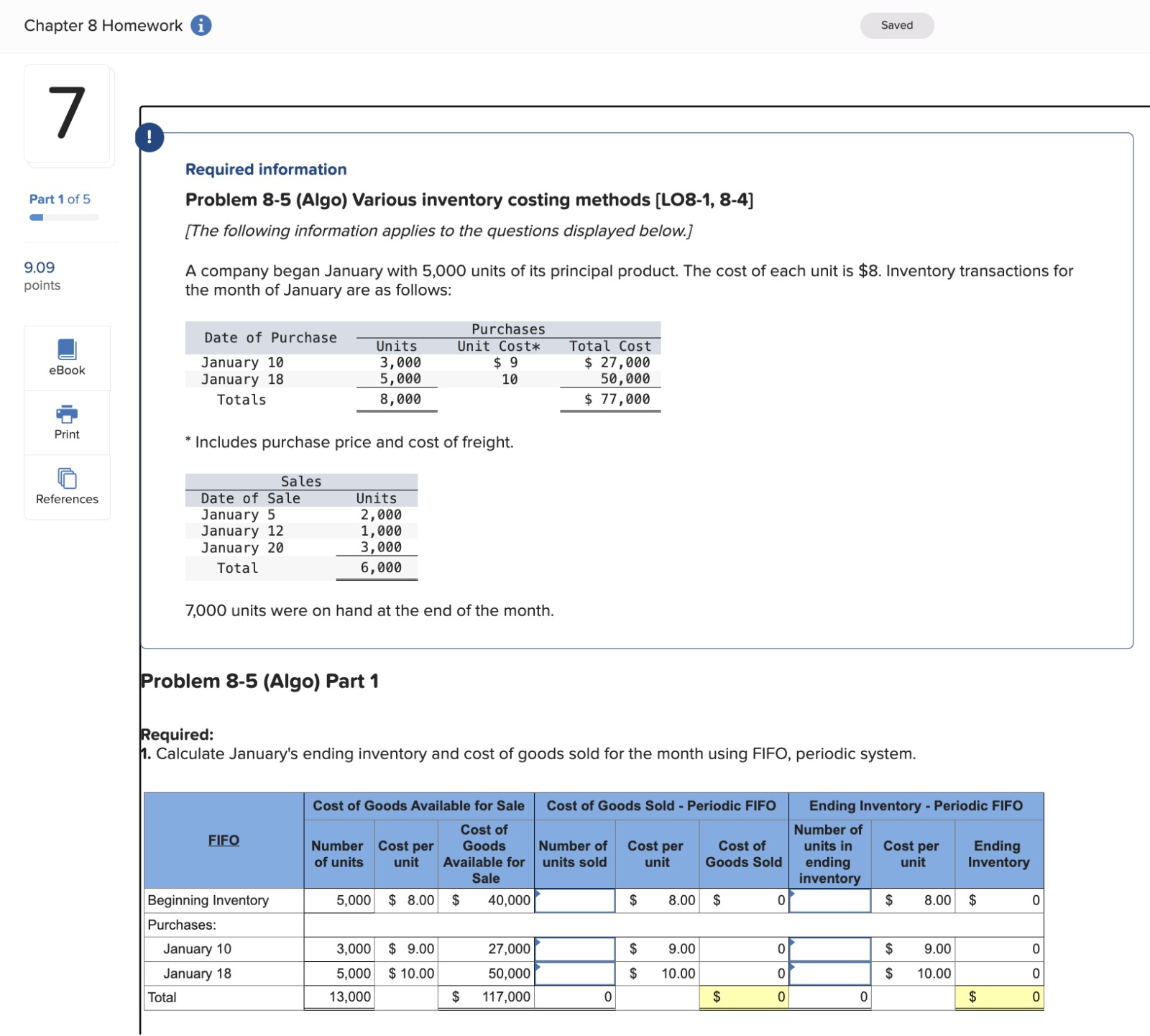 Problem 8-5 (Algo) Various inventory costing methods [LO8-1, 8-4] [The following