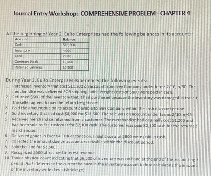 Journal Entry Workshop- Chapter 4 need extra credit required f please Journal
