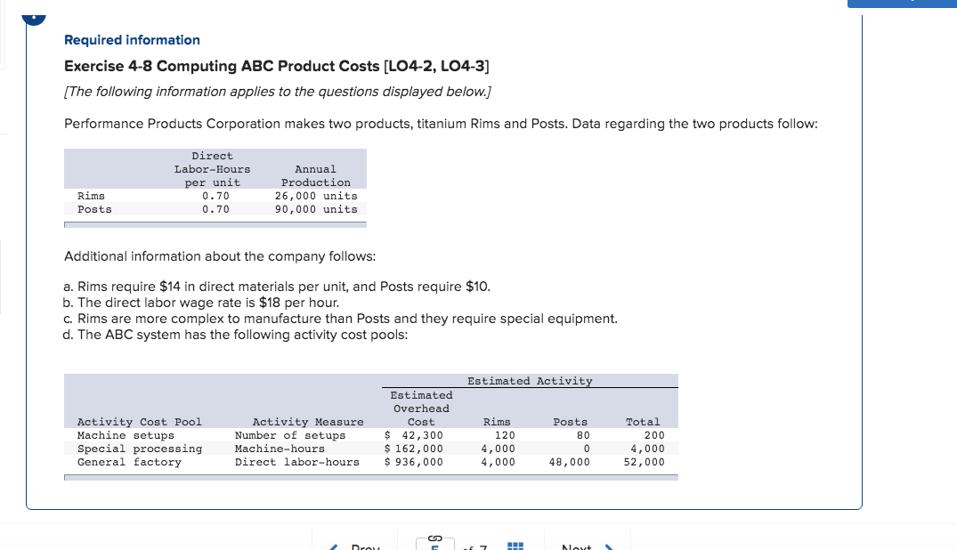  Required information Exercise 4-8 Computing ABC Product Costs [LO4-2, LO4-3] [The