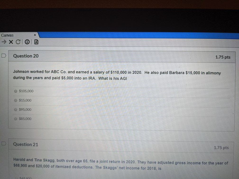  Canvas XC Question 20 1.75 pts Johnson worked for ABC Co.