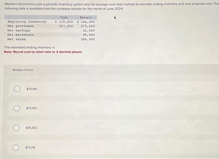  Marilee's Electronics uses a periodic inventory system and the average cost