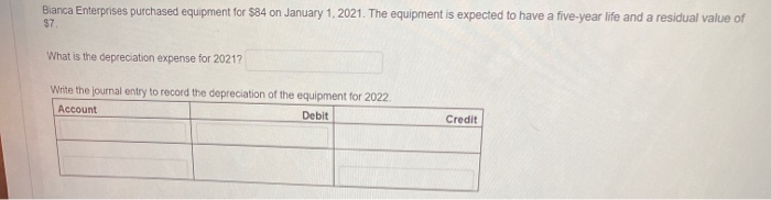  double declining balance method Bianca Enterprises purchased equipment for $84 on