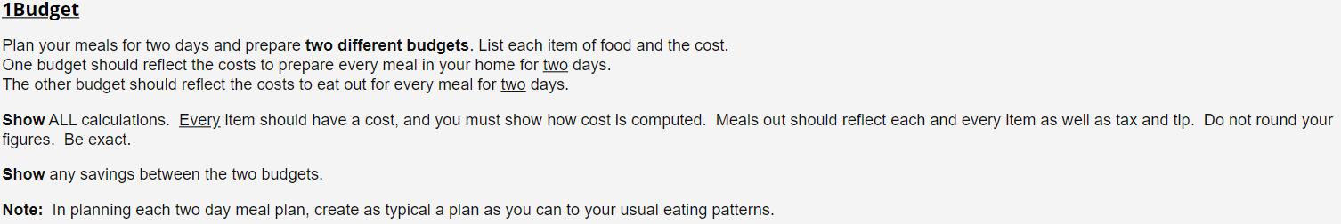 1 Budget Plan your meals for two days and prepare two