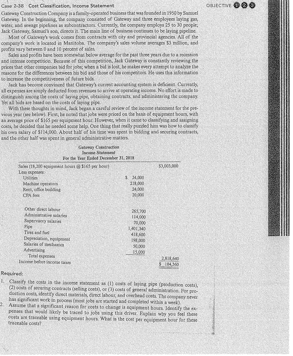 OBJECTIVE 23 Case 2-38 Cost Classification, Income Statement Gateway Construction Company