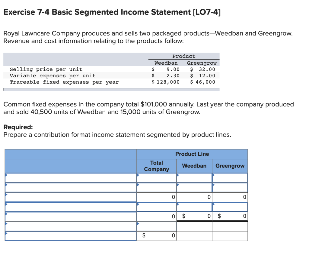  Exercise 7-4 Basic Segmented Income Statement [LO7-4) Royal Lawncare Company produces