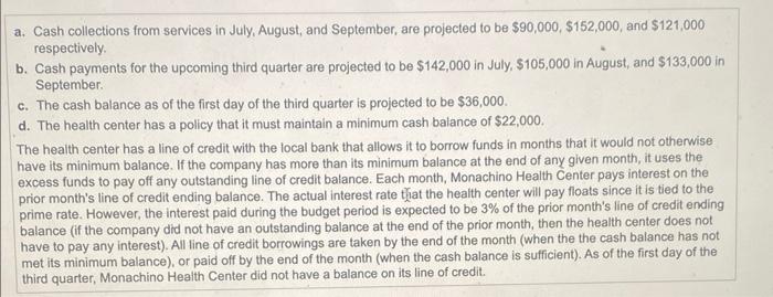 help !!!! a. Cash collections from services in July, August, and September,