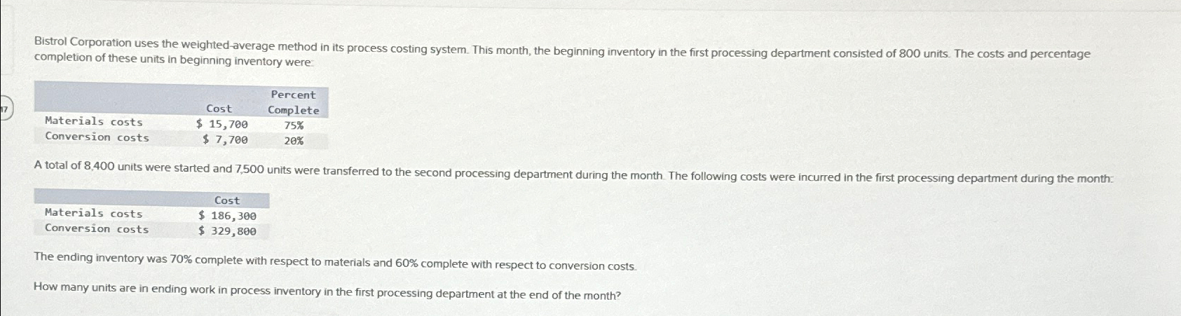  Bistrol Corporation uses the weighted-average method in its process costing system.