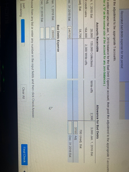 the adjustment to the appropriate T-accounts (Enter a "0" on the normal