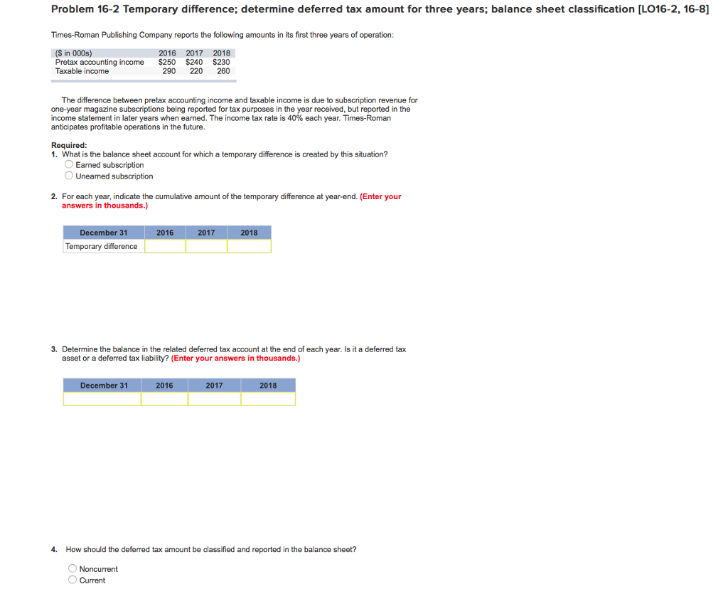 Temporary difference; determine deferred tax amount for three years; balance sheet