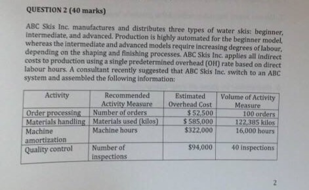 Second picture is continuation of first QUESTION 2 (40 marks) ABC Skis