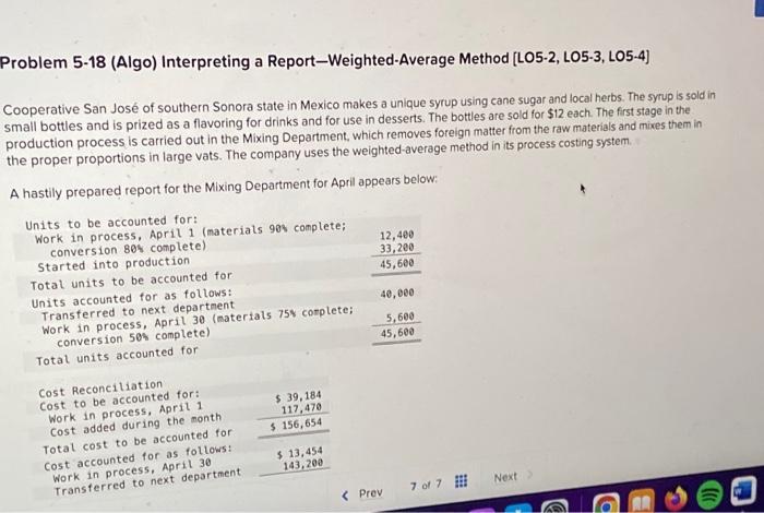  Problem 5-18 (Algo) Interpreting a Report-Weighted-Average Method [LO5-2, LO5-3, LO5-4] Cooperative