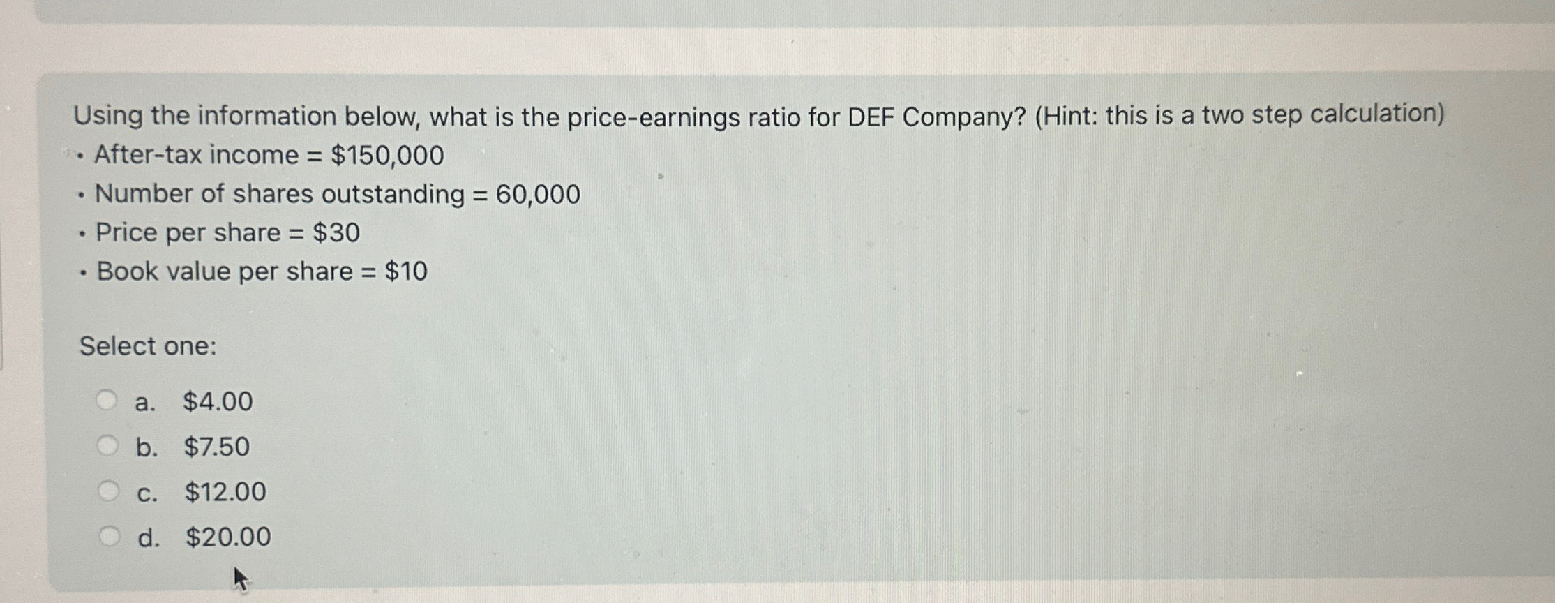  Using the information below, what is the price-earnings ratio for DEF