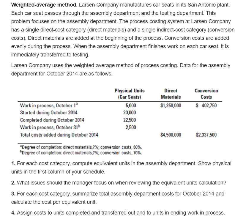 Please I need help with this problem Weighted-average method. Larsen Company manufactures