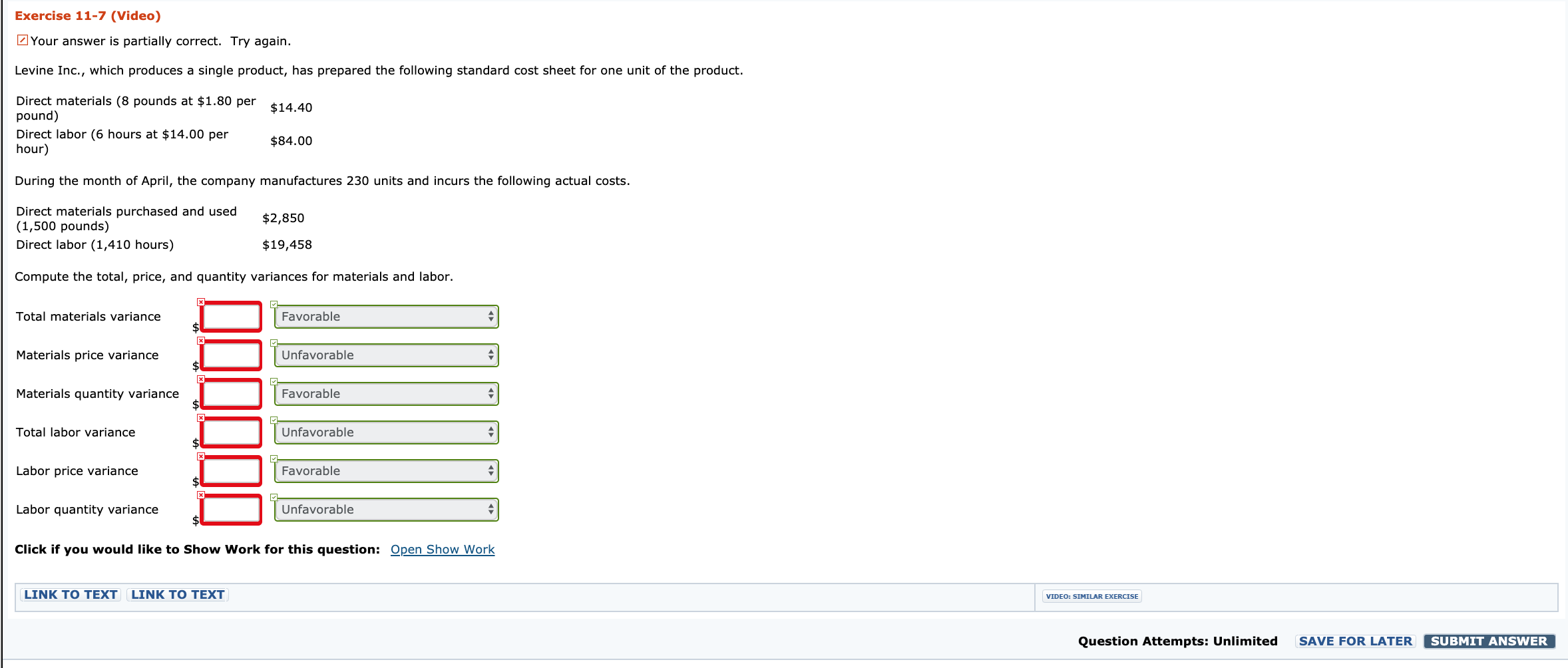  Exercise 11-7 (Video) Your answer is partially correct. Try again. Levine