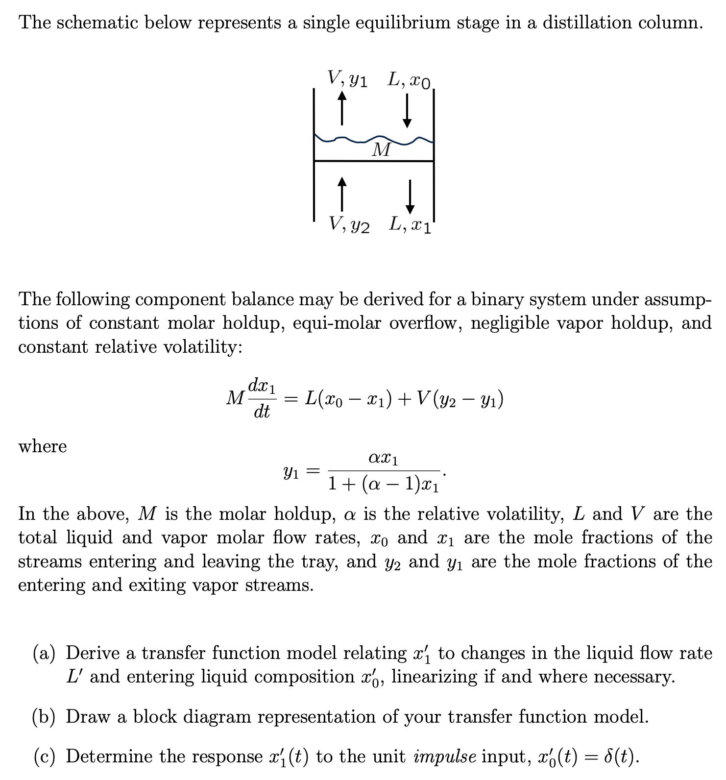  The schematic below represents a single equilibrium stage in a distillation