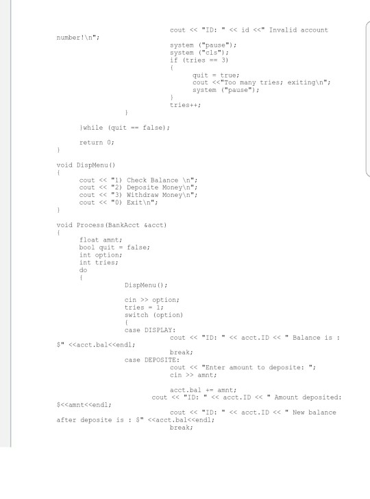 the program functionality with account ID being 100 and by the following