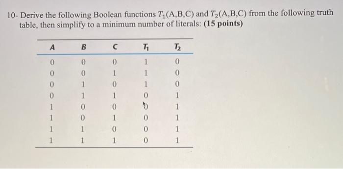 digital systems design 10- Derive the following Boolean functions T1(A,B,C) and T2(A,B,C)