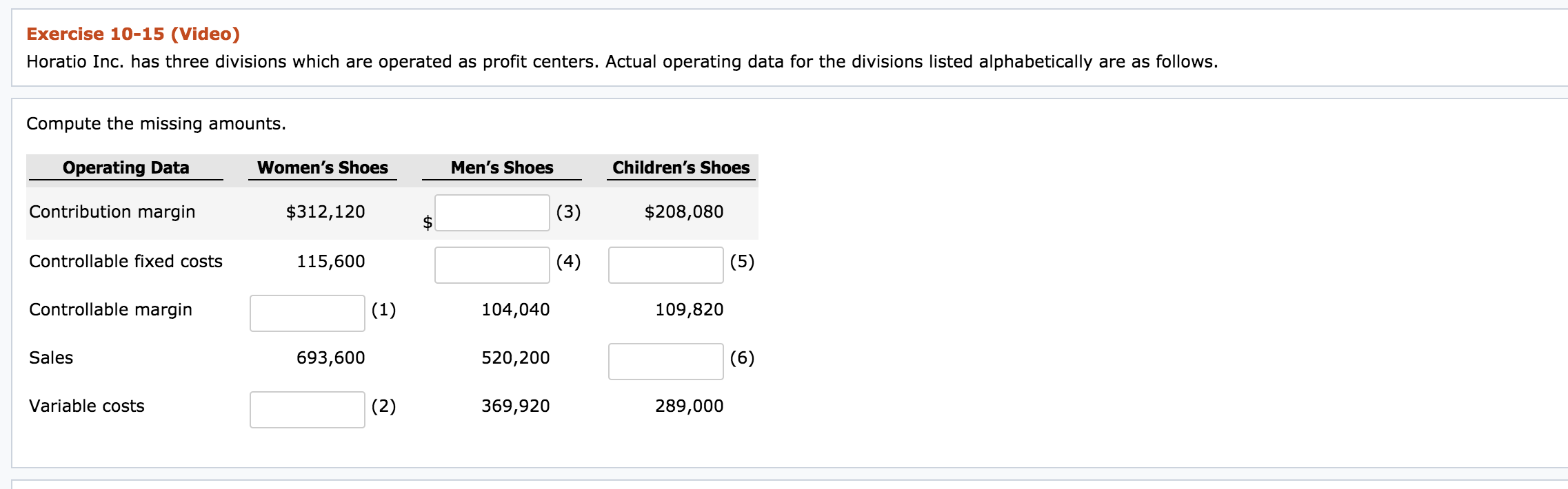  Exercise 10-15 (Video) Horatio Inc. has three divisions which are operated