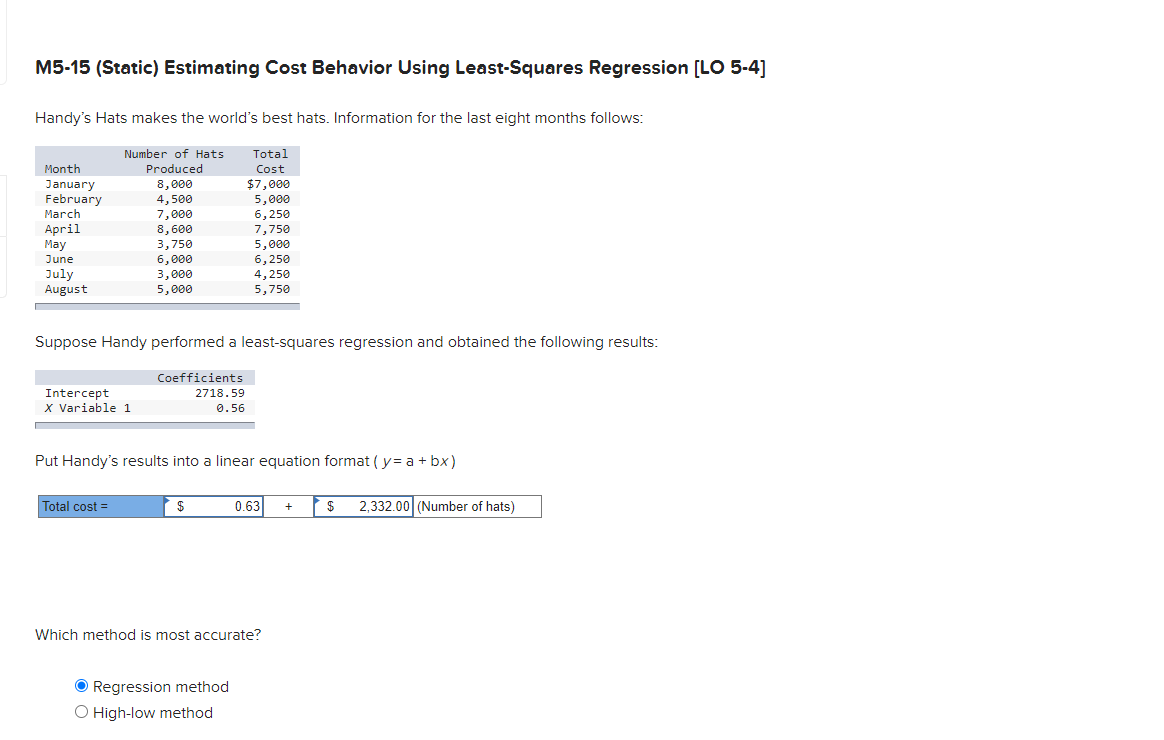  M5-15 (Static) Estimating Cost Behavior Using Least-Squares Regression [LO 5-4] Handy's