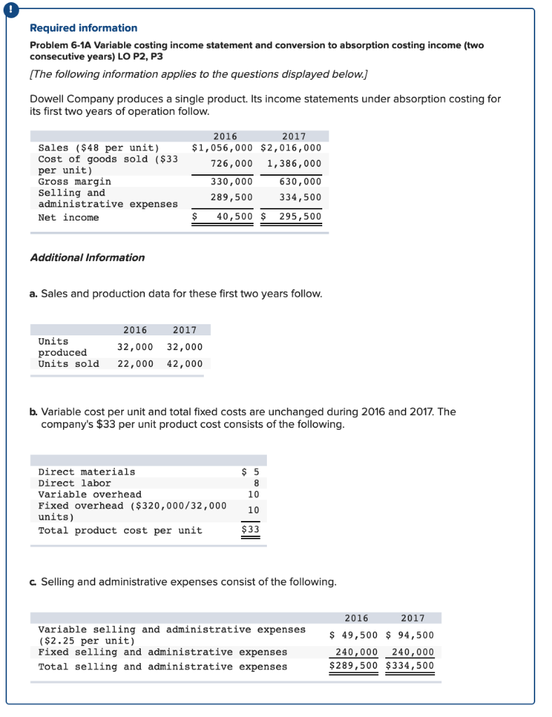 Required information Problem 6-1A Variable costing income statement and conversion to