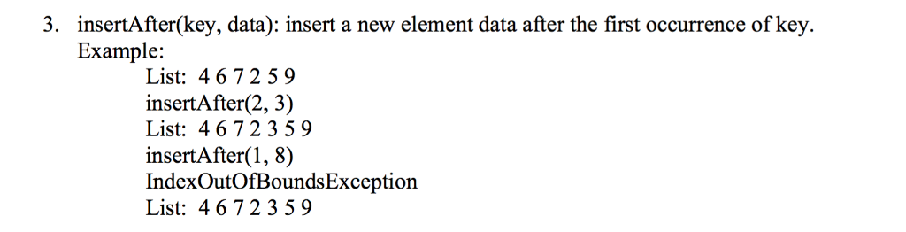 write a method in java that goes inside: public void insertAfter(T key,