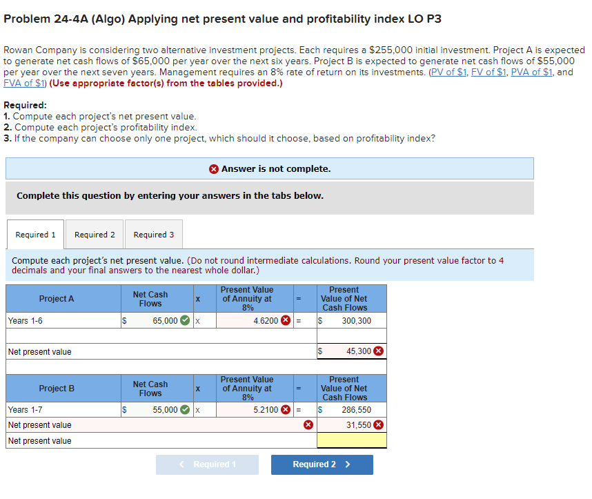 Problem 24-4A (Algo) Applying net present value and profitability index LO