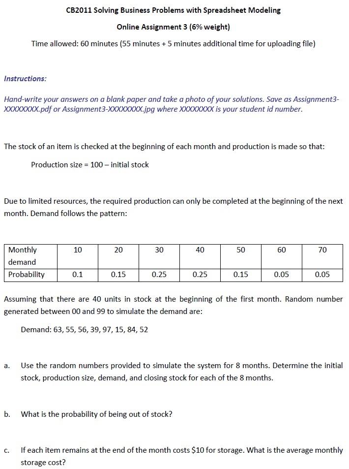  CB2011 Solving Business Problems with Spreadsheet Modeling Online Assignment 3 (6%