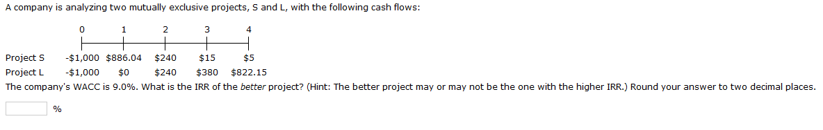  A company is analyzing two mutually exclusive projects, S and L,