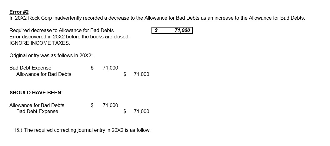 Error #2 In 20X2 Rock Corp inadvertently recorded a decrease to