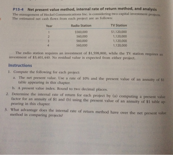  Net present value method, internal rate of return method, and analysis