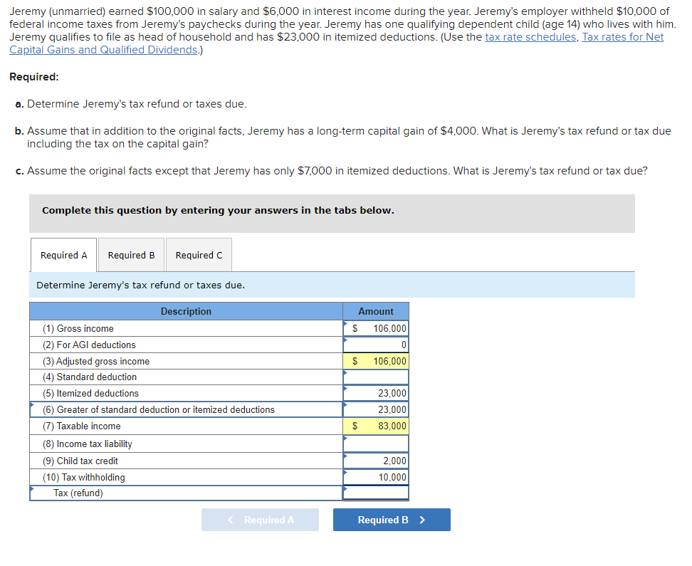  Jeremy (unmarried) earned $100,000 in salary and $6,000 in interest income