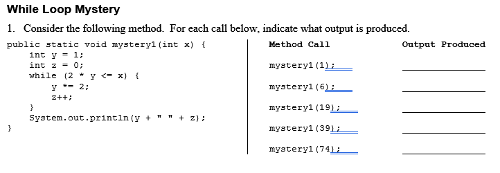 While Loop Mystery 1. Consider the following method. For each call