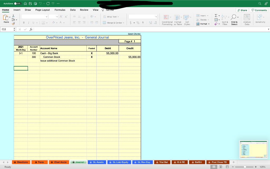 will be recording the March 2021 transactions for Overpriced Jeans, Inc. (OPJ).