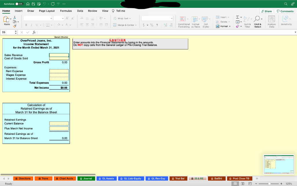 Account Names - Chart Accts tab General Journal pages - Journal tab