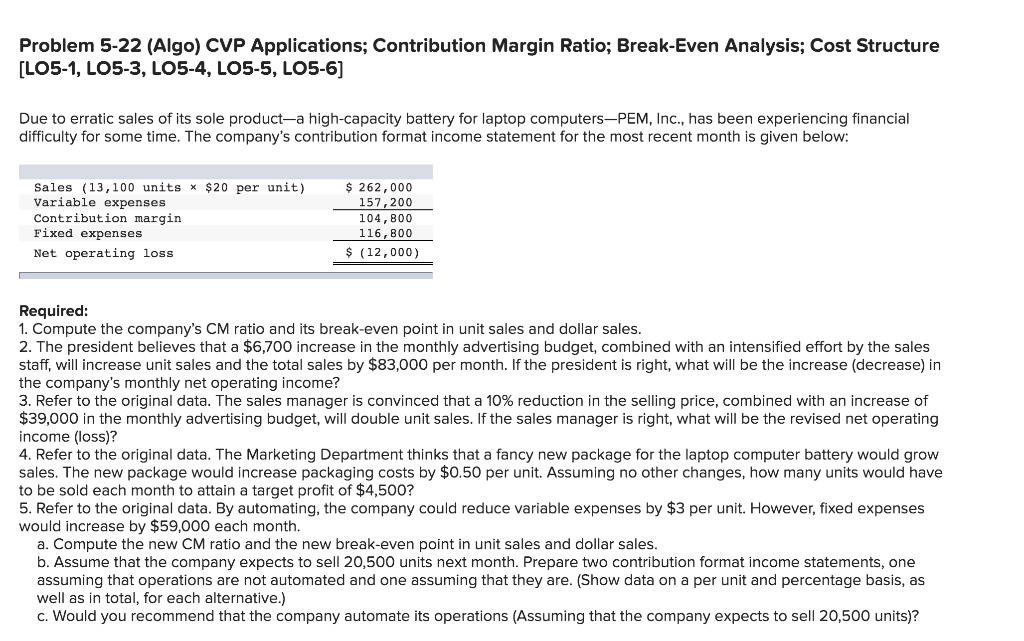  Problem 5-22 (Algo) CVP Applications; Contribution Margin Ratio; Break-Even Analysis; Cost