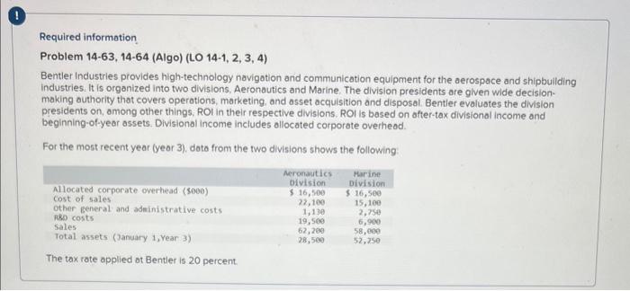  Required information Problem 14-63, 14-64 (Algo) (LO 14-1, 2, 3, 4)