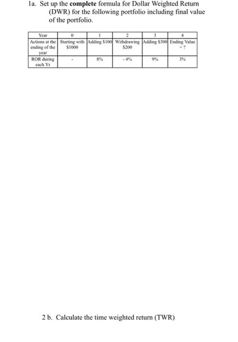  la. Set up the complete formula for Dollar Weighted Return (DWR)