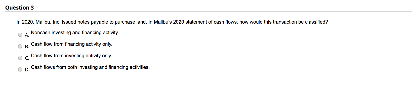 Question 3 In 2020, Malibu, Inc. issued notes payable to purchase