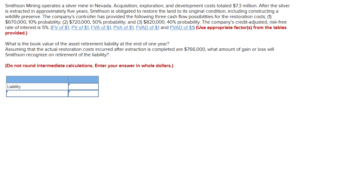  Smithson Mining operates a silver mine in Nevada. Acquisition, exploration, and