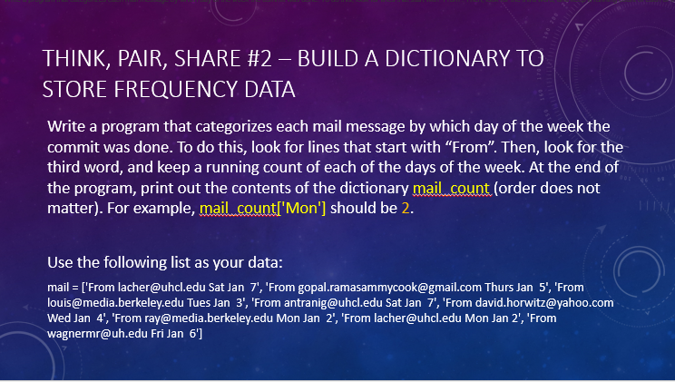  ANSWER NEEDED IN PYTHON THINK, PAIR, SHARE \#2 - BUILD A